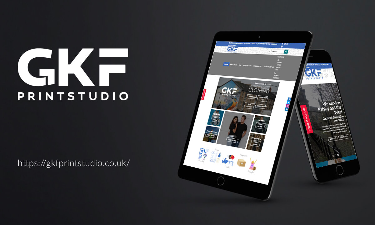 GKF, Print, Studio, Paisley, mockup, tablet, phone, web design, website